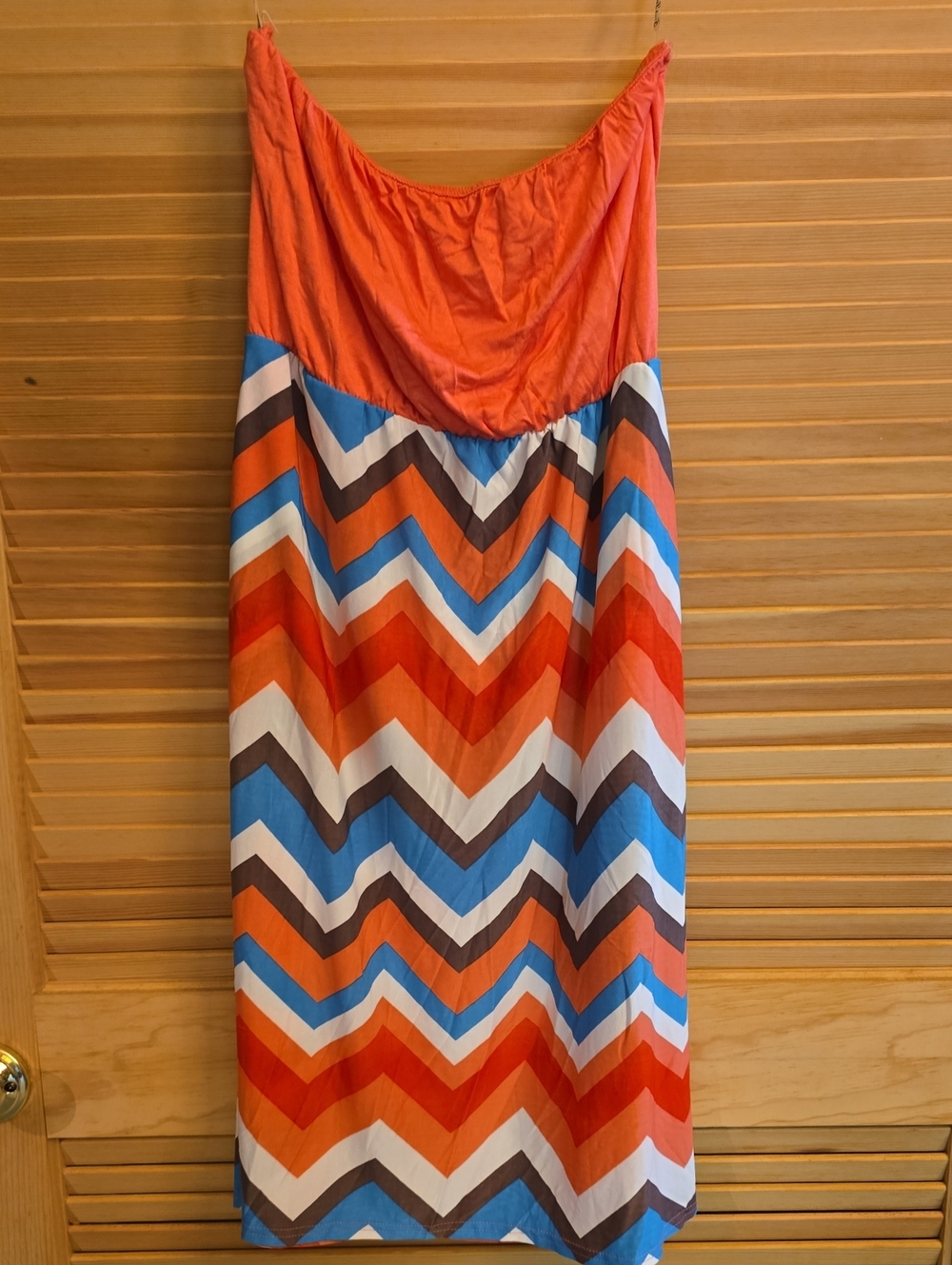 Chevron Strapless Dress in Coral, Blue, White & Brown